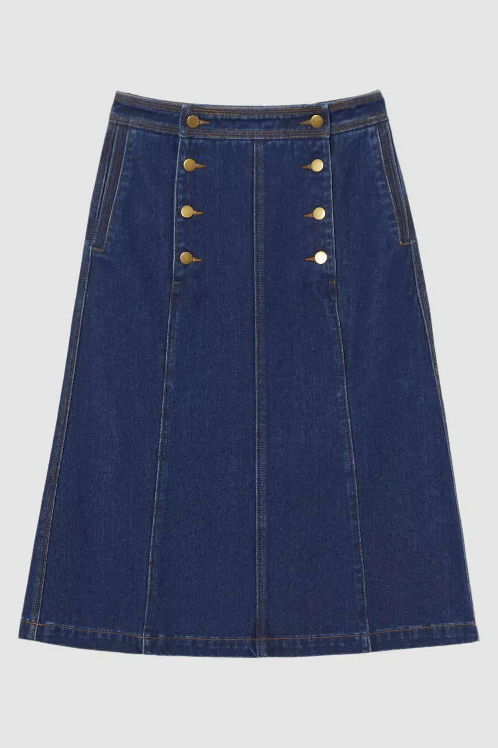 【KAREN MILLEN】デニムボタンフロントAラインミディスカート Denim Button Front A Line Midi Skirt | Karen Millen
